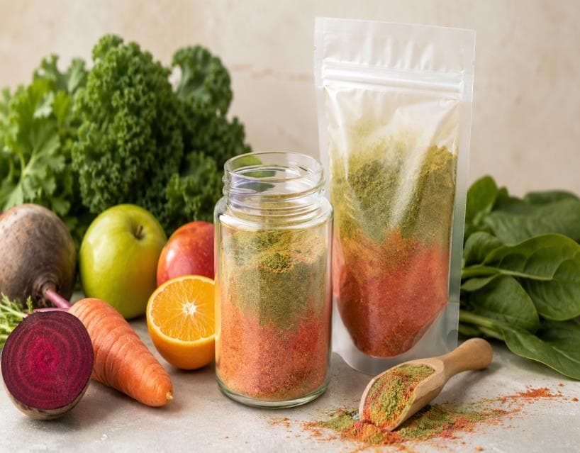 SNAP upcycled fruit and vegetable powder in jars and pouches